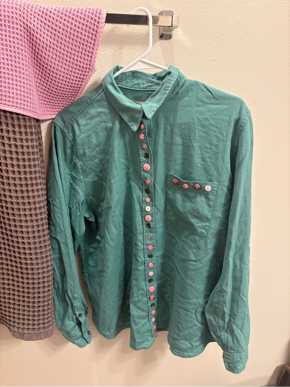 Target Women's Teal Button-Down Shirt with Pink Accent Buttons